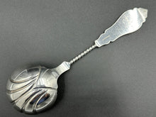 Load image into Gallery viewer, Duhme & Co Medallion Coin Silver Bright Cut Twisted Handle Berry Spoon Cincinnati Ohio c. 1860