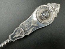 Load image into Gallery viewer, Duhme & Co Medallion Coin Silver Bright Cut Twisted Handle Berry Spoon Cincinnati Ohio c. 1860