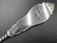 Load image into Gallery viewer, Duhme & Co Medallion Coin Silver Bright Cut Twisted Handle Berry Spoon Cincinnati Ohio c. 1860