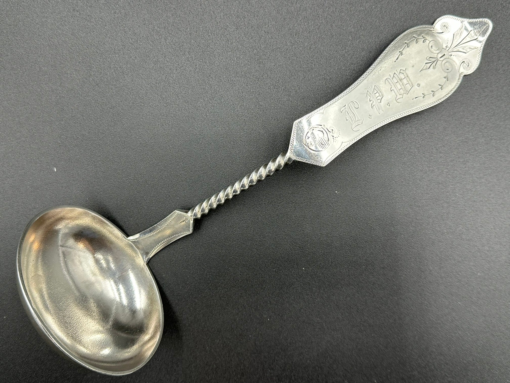 Duhme & Co Coin Silver Twisted Handle Soup Ladle Cincinnati Ohio c. 18