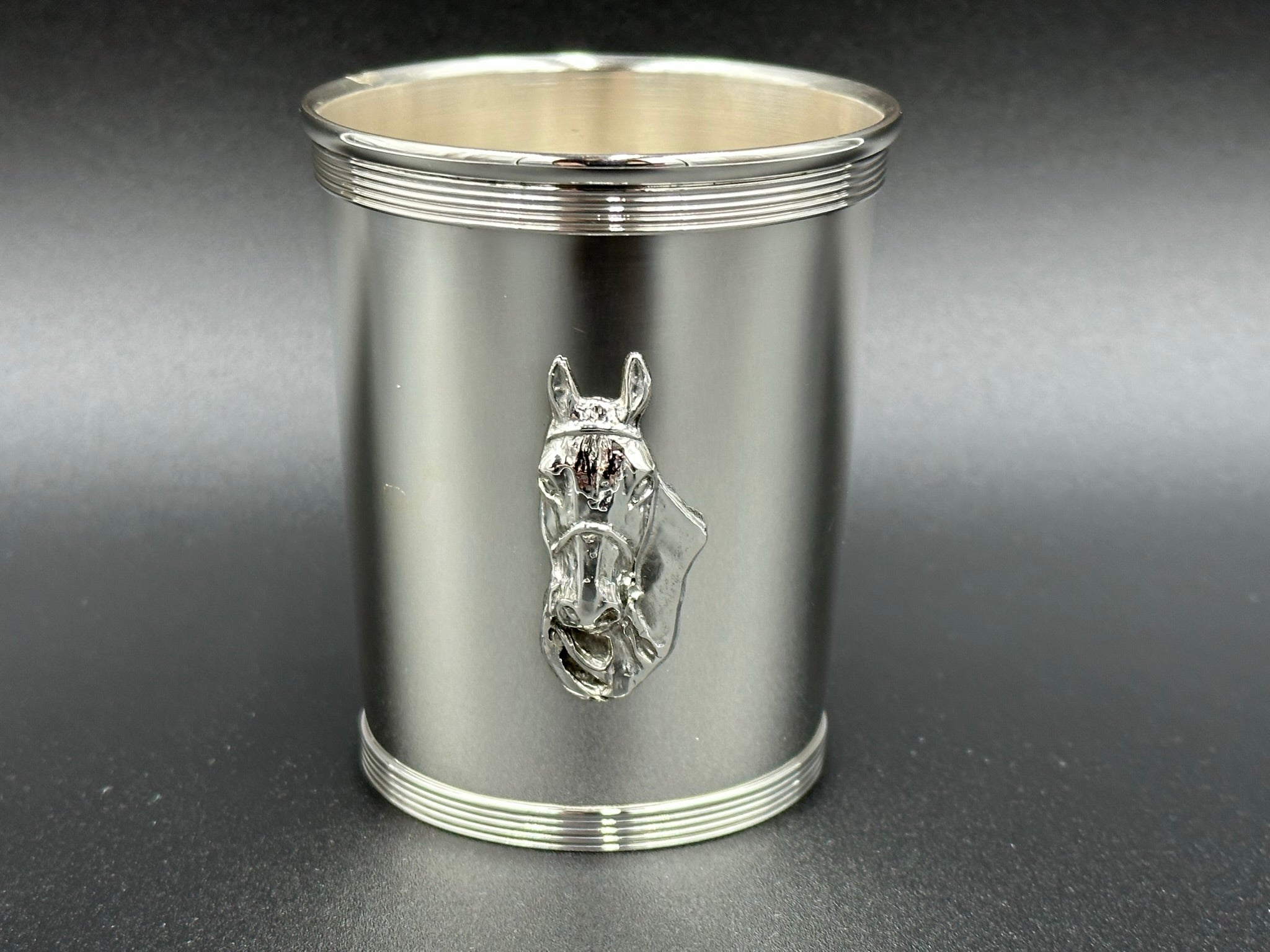 New Sterling Silver Mint Julep Cup with applied Horse Head- Banded