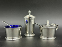 Load image into Gallery viewer, Walker & Hall English Sterling Silver Art Deco Condiment Set w/ Cobalt Glass Liners