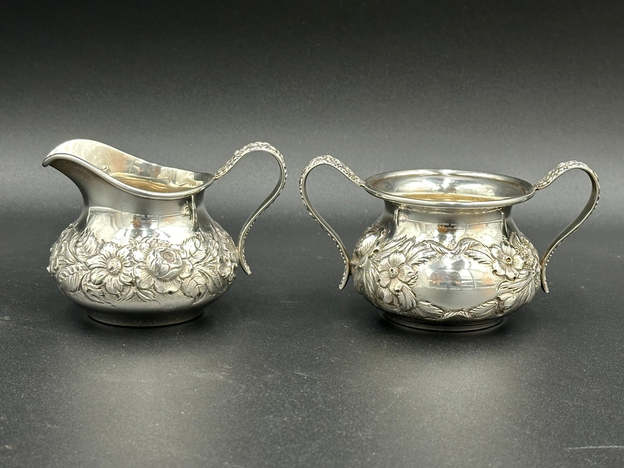Repousse by Kirk Son Sterling Silver Creamer and Sugar Hand Chased