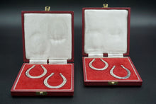 Load image into Gallery viewer, Boxed Set of 4 English Sterling Silver Horseshoe Napkin Rings Francis Howard Sheffield 1972