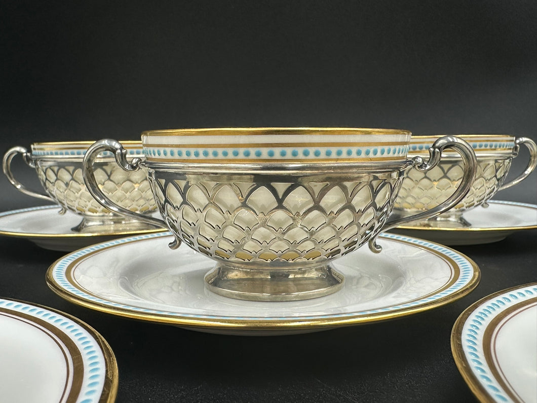 Set of 8 Tiffany Blue Dot Sterling Silver Bouillon Cups w/ Saucers by Lenox for Tiffany & Co