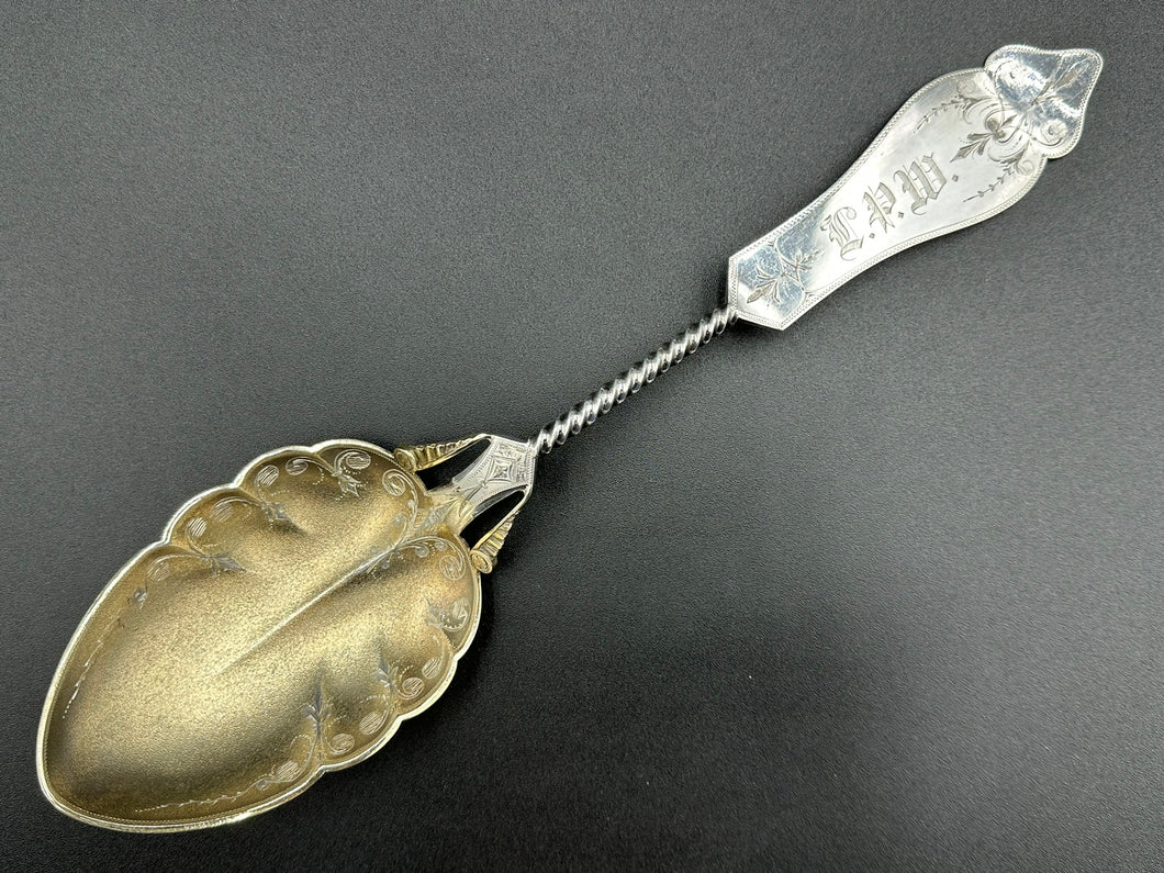 Duhme & Co Coin Silver Bright Cut Twisted Handle Large Serving Spoon Cincinnati Ohio c. 1860