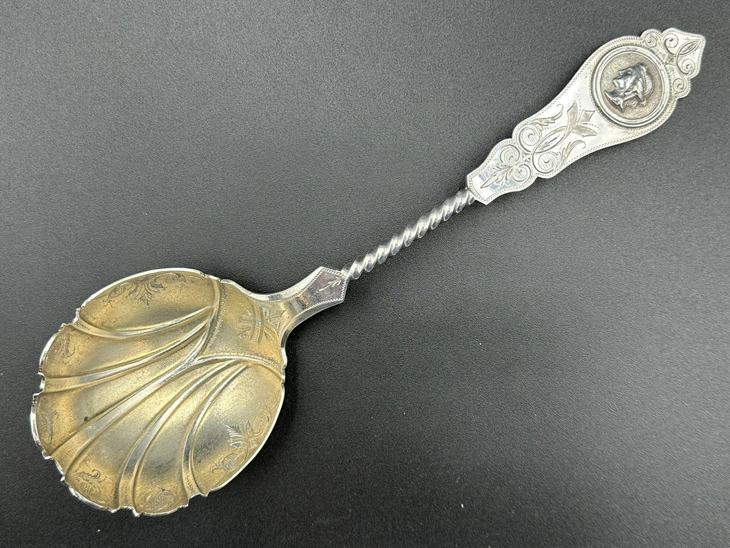 Duhme & Co Medallion Coin Silver Bright Cut Twisted Handle Berry Spoon Cincinnati Ohio c. 1860