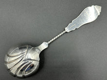 Load image into Gallery viewer, Duhme &amp; Co Medallion Coin Silver Bright Cut Twisted Handle Berry Spoon Cincinnati Ohio c. 1860
