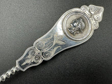 Load image into Gallery viewer, Duhme &amp; Co Medallion Coin Silver Bright Cut Twisted Handle Berry Spoon Cincinnati Ohio c. 1860
