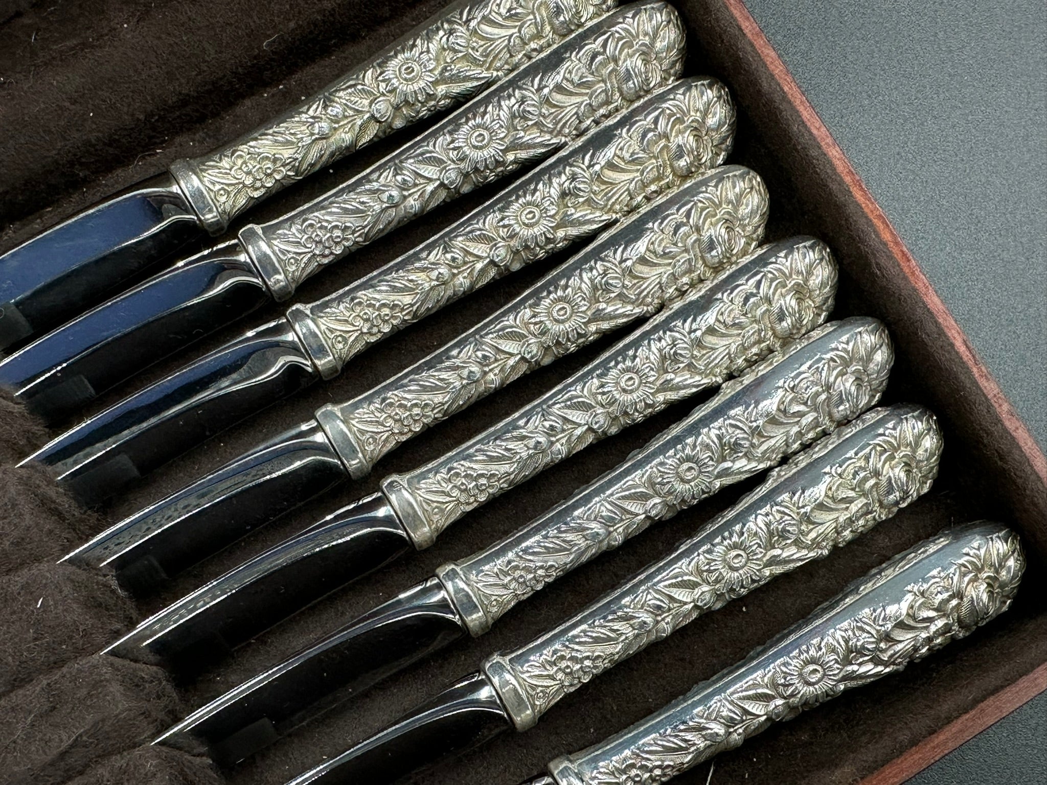 Boxed Set of 8 Sterling Silver Steak Knives Repousse by S. Kirk