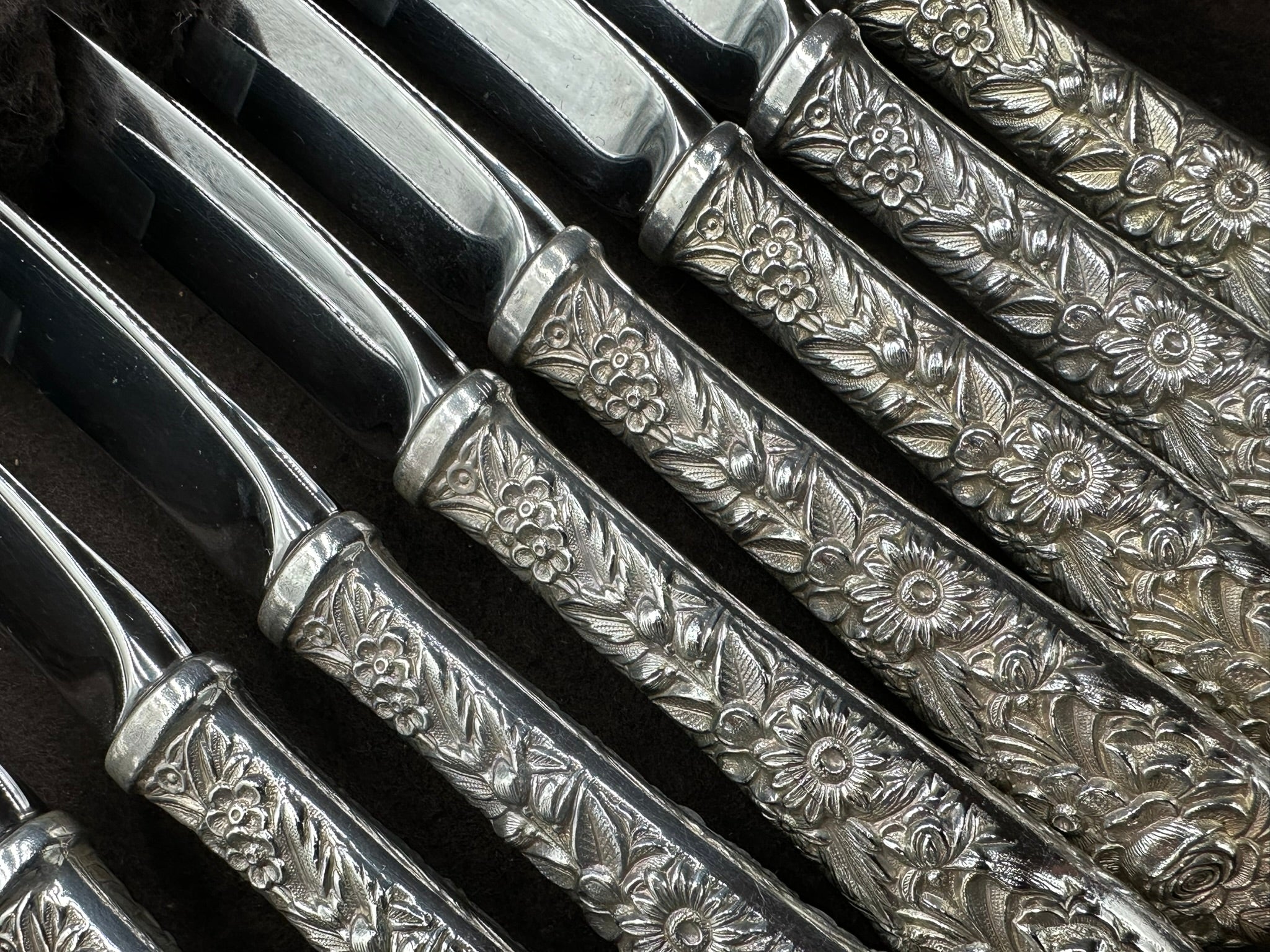 Boxed Set of 8 Sterling Silver Steak Knives Repousse by S. Kirk