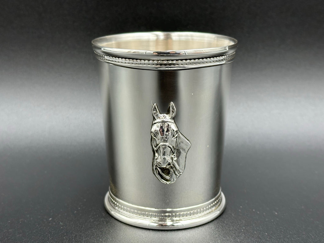 New Sterling Silver Mint Julep Cup with applied Horse Head- Beaded Border
