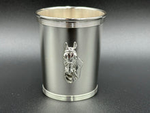 Load image into Gallery viewer, New Sterling Silver Mint Julep Cup with applied Horse Head- Banded Border
