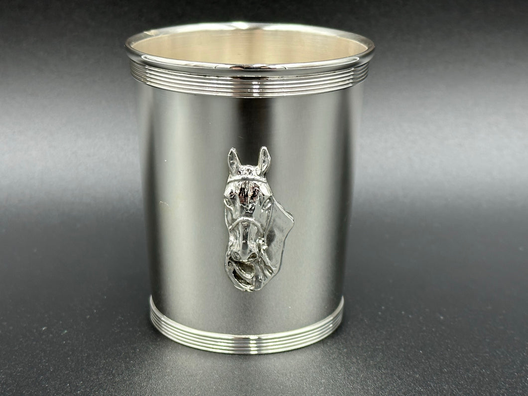 New Sterling Silver Mint Julep Cup with applied Horse Head- Banded Border