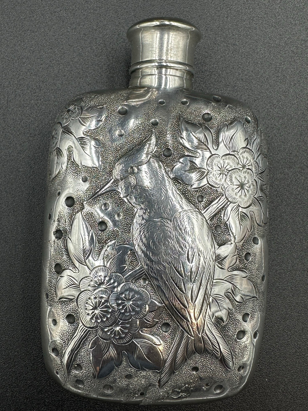 Silverplate Hand Engraved Flask w/ Cardinal Derby Silver Company