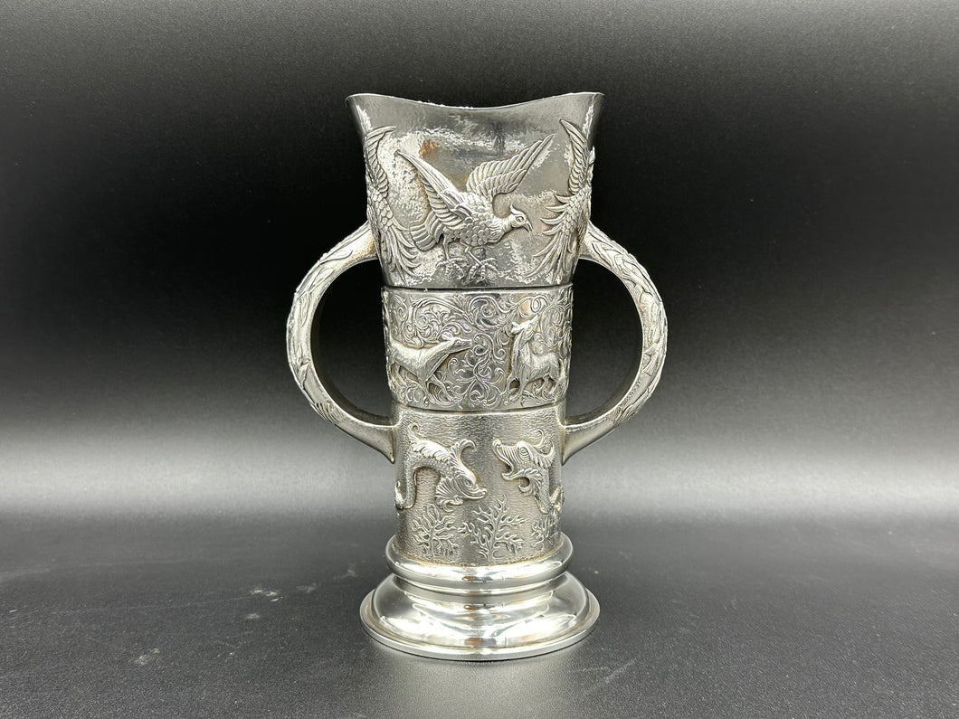 An Aesthetic Movement Irish Sterling Silver Two Handle Loving Cup Vase