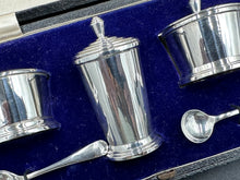 Load image into Gallery viewer, Walker &amp; Hall English Sterling Silver Art Deco Condiment Set w/ Cobalt Glass Liners
