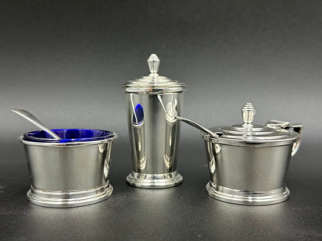 Walker & Hall English Sterling Silver Art Deco Condiment Set w/ Cobalt Glass Liners