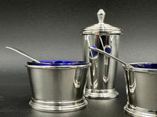 Load image into Gallery viewer, Walker &amp; Hall English Sterling Silver Art Deco Condiment Set w/ Cobalt Glass Liners
