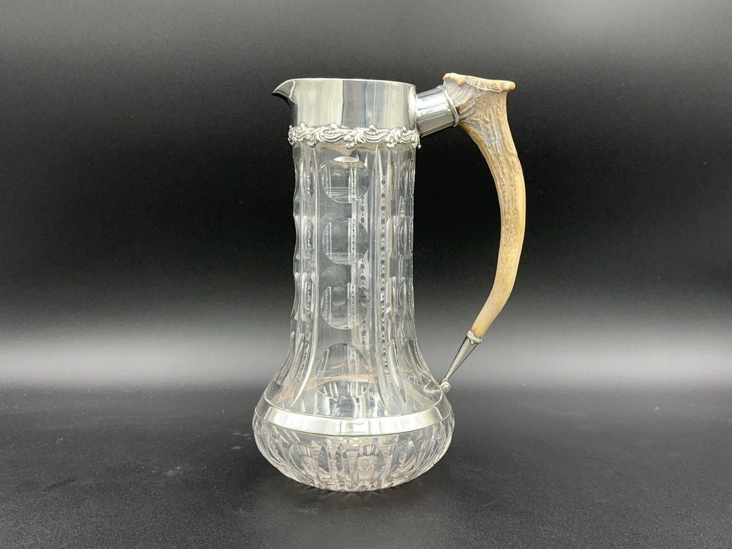 American Brilliant Cut Glass & Sterling Silver Water Pitcher w/ Stag Handle by Redlich