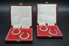 Load image into Gallery viewer, Boxed Set of 4 English Sterling Silver Horseshoe Napkin Rings Francis Howard Sheffield 1972
